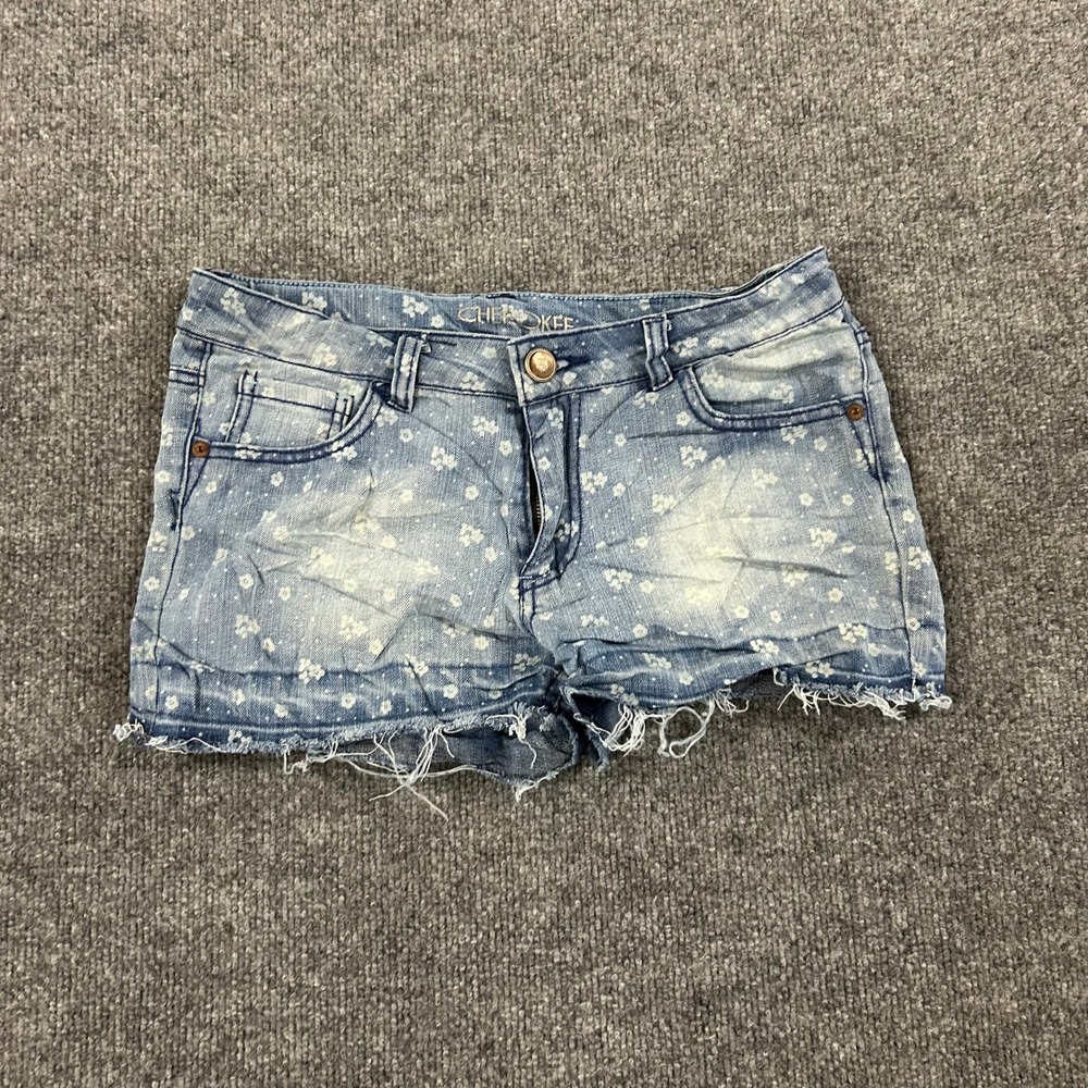 Cherokee Denim Shorts Womens Size 10 Blue Floral Print Raw Hem Stretch Casual